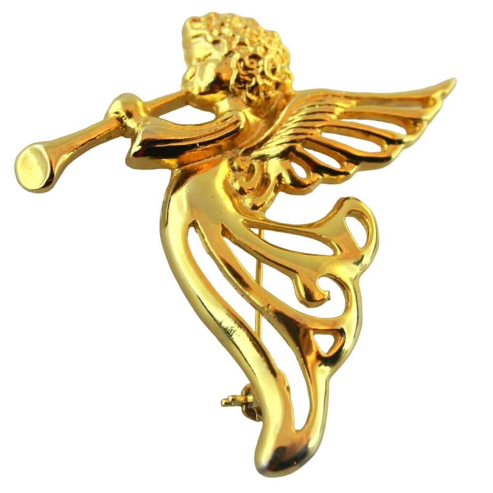 Brooch Pin Marked SFJ Golden Filigree Curly-Haired Cherub Angel & Trumpet •1950s